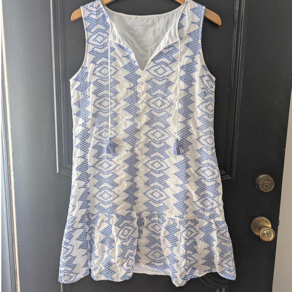Sail to Sable White Blue Embroidered Tassel V Neck Mini Shift Dress Ruffle Hem